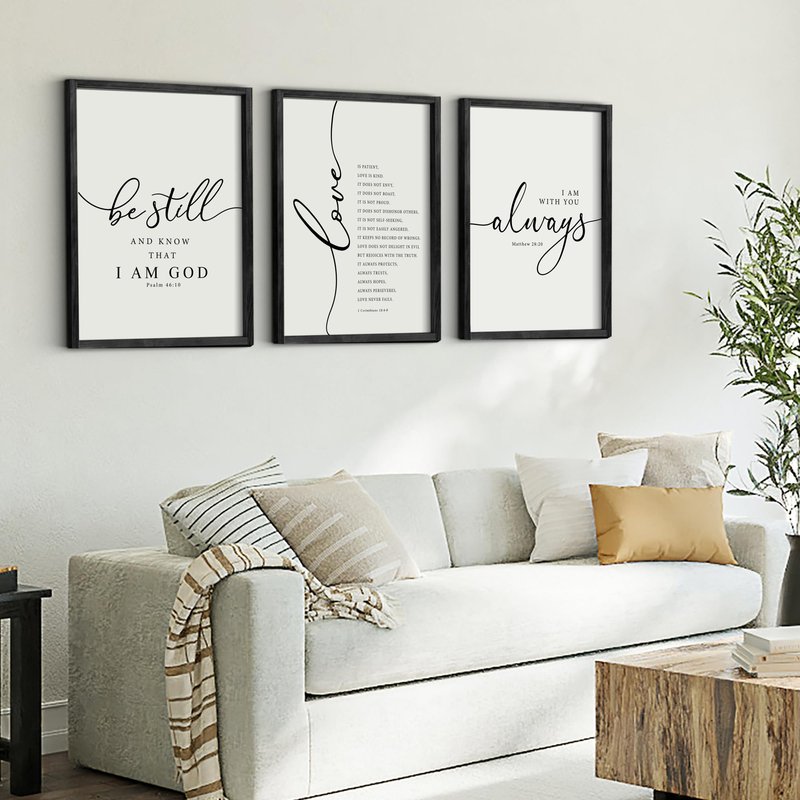 Heiple Framed Be Still and Know that I am God Sign Love is Patient Love is Kind Wall Art Set of 3 Prints for Home Bedroom Decor Above Bed Bible Verse Scripture Art Christian Religious Wall Decor (Black, 16"x24")