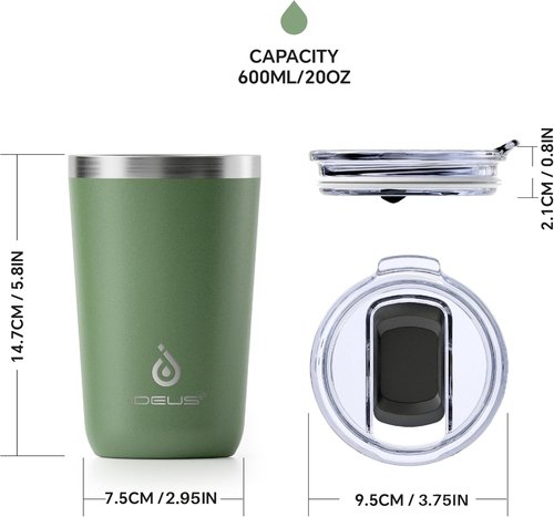 Ideus 20 oz Tumbler - Travel Coffee Mug with Splash-Proof Lid | Double Wall Insulated, Avocado Green