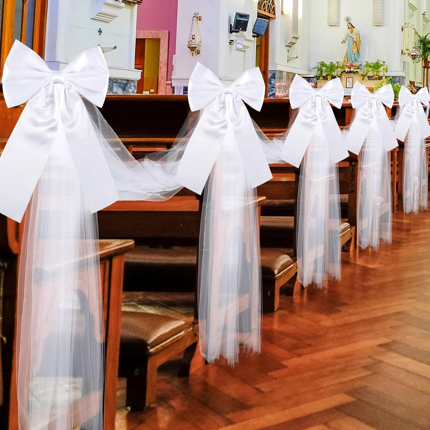 Skiennix 12 Pcs Large White Wedding Pew Bows - 15.7" x 7.9" Satin Decor with Tulle for Aisle & Events