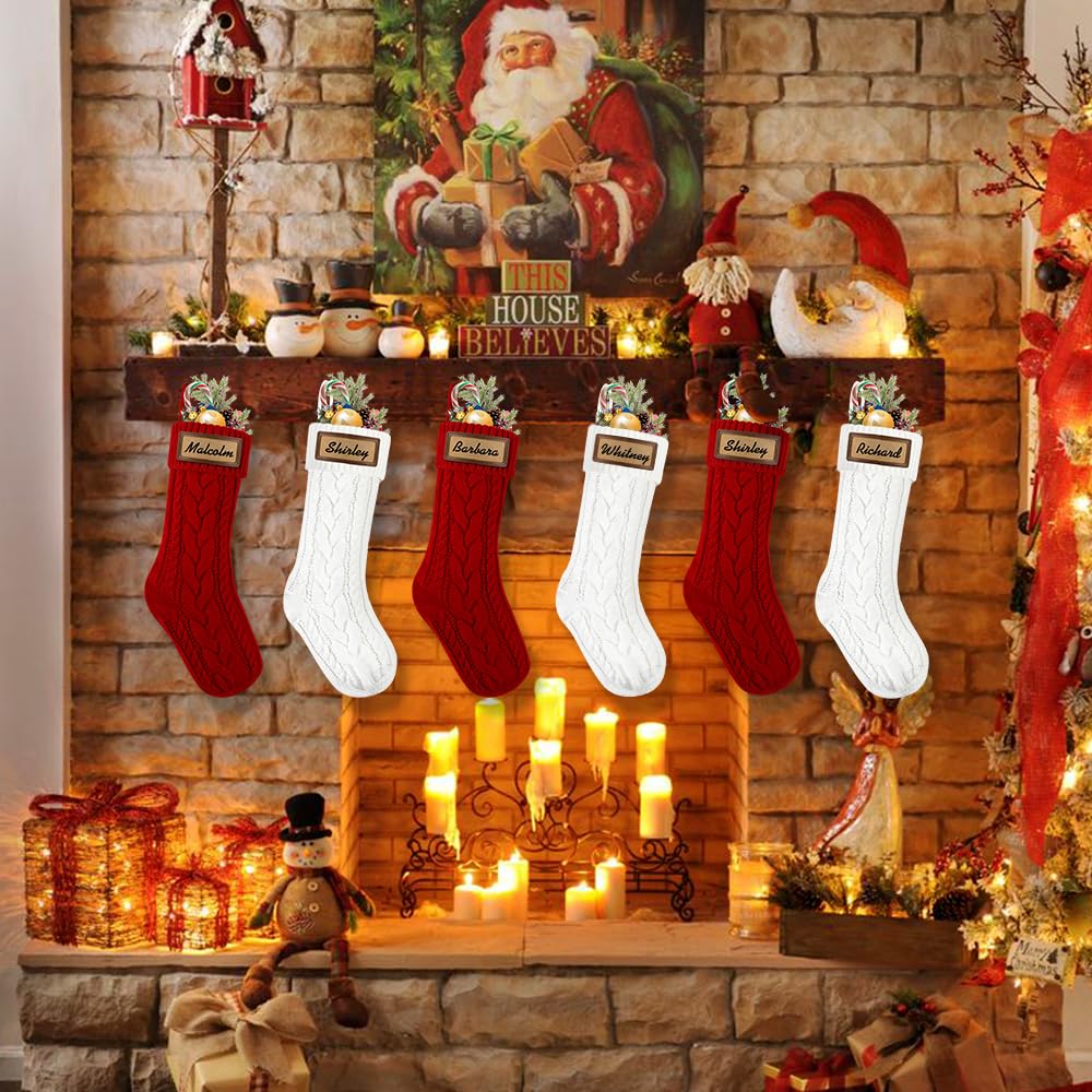 XOYTN 6 Pack Personalized Christmas Stockings, 18in Large Knitted Xmas Hanging Stocking Set Decoration with Leather Patches Custom Name for Holiday Christmas Family Decor (Red and White)