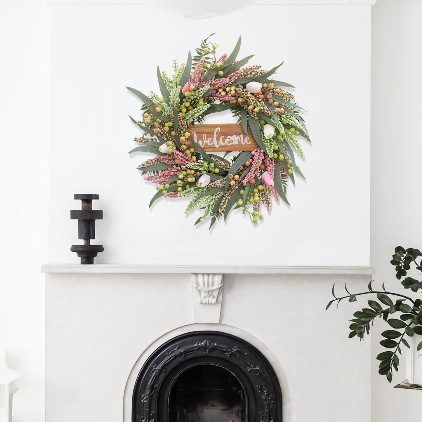Wreaths for Front Door 20 Inch Spring Summer Tulip Wreath withTulip,Berries,Boxwood and Cattails Welcome Door Wreath, Porch, Window -Green Decor for Home, Farmhouse - Spring, Summer, Fall, All Seasons