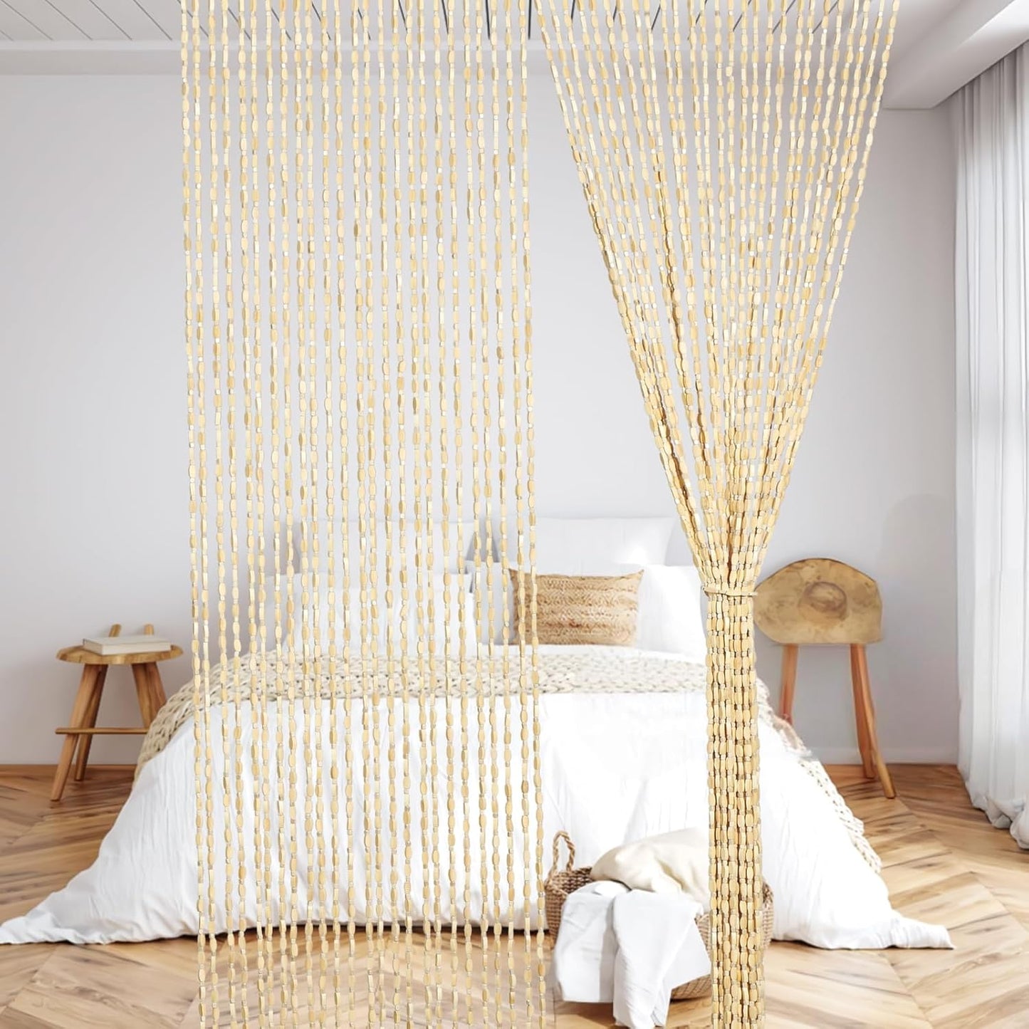 35.5" x 75" Bamboo and Wood Beaded Curtain for Doorway 52 Strands Handmade Bohemian Door Beads Curtain Boho Hanging Room Divider for Bedroom Living Home Deco, Beige