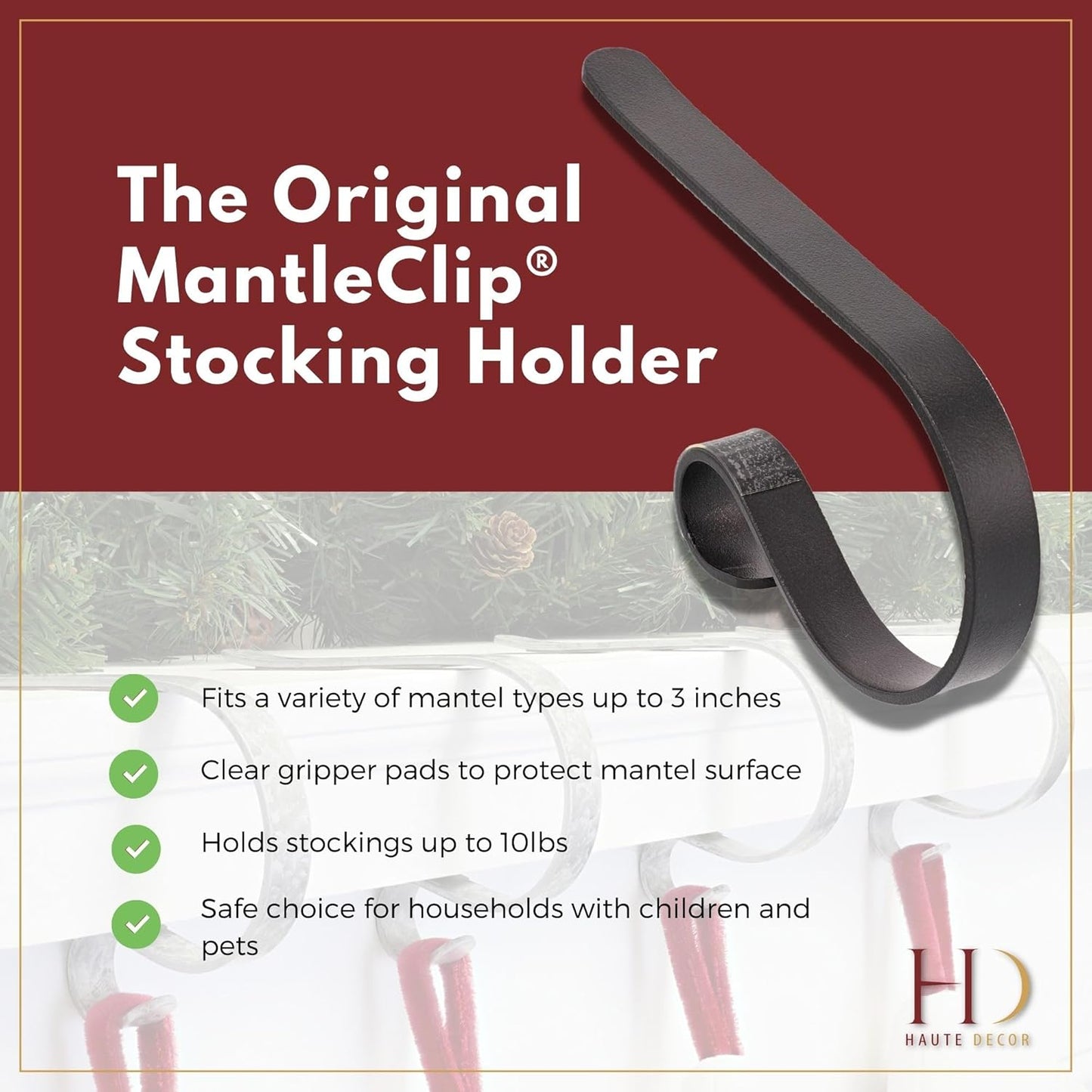 Gold MantleClip Stocking Holders Set - 4-Pack Removable ZINC Alloy Holiday Icons
