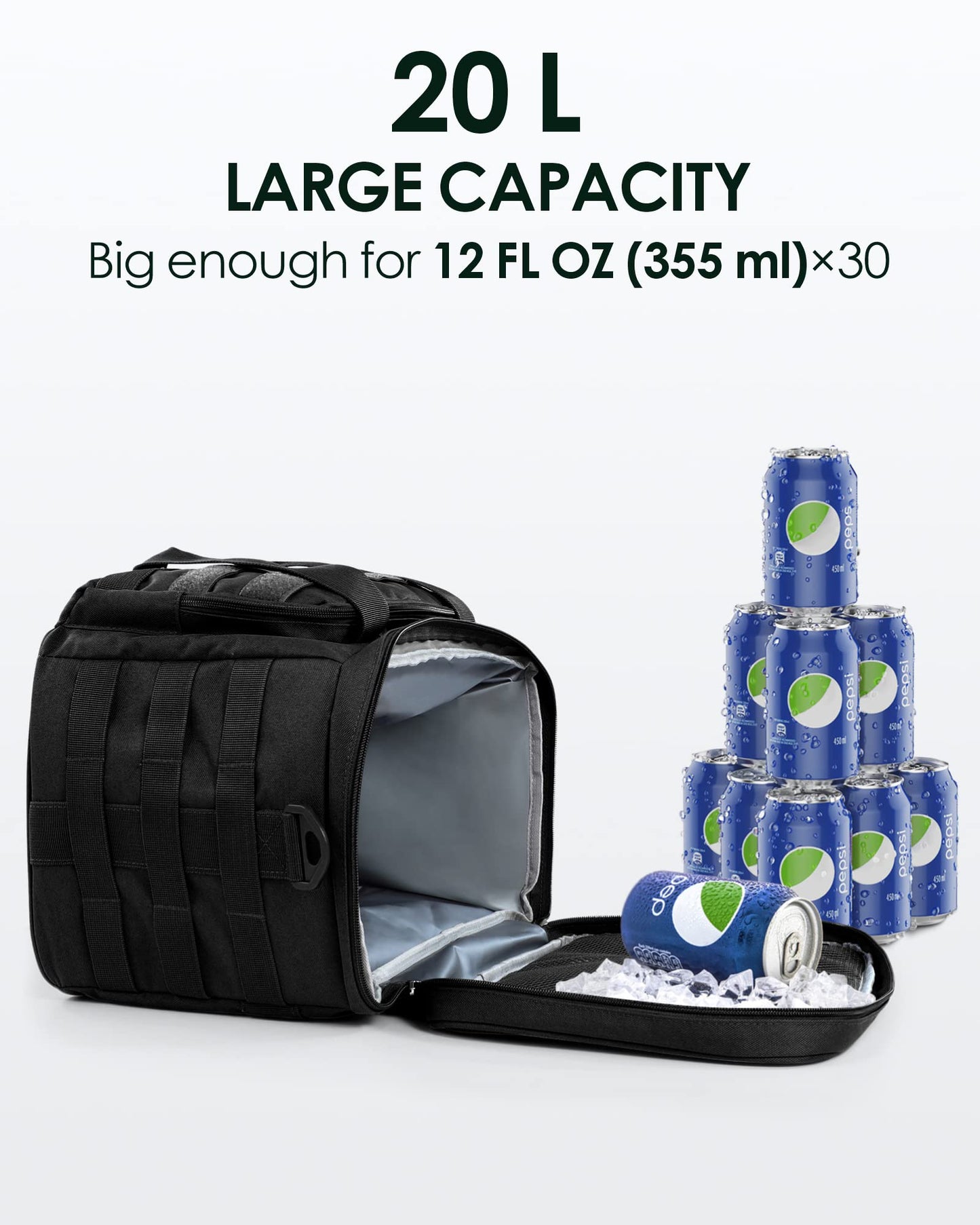 TACTICISM Lunch Box for Men - 20L Tactical Leakproof Insulated Lunch Bag Adult, Portable Soft Coolers with Detachable Molle Pouch for Camping Fishing Beach Picnic Work, Black