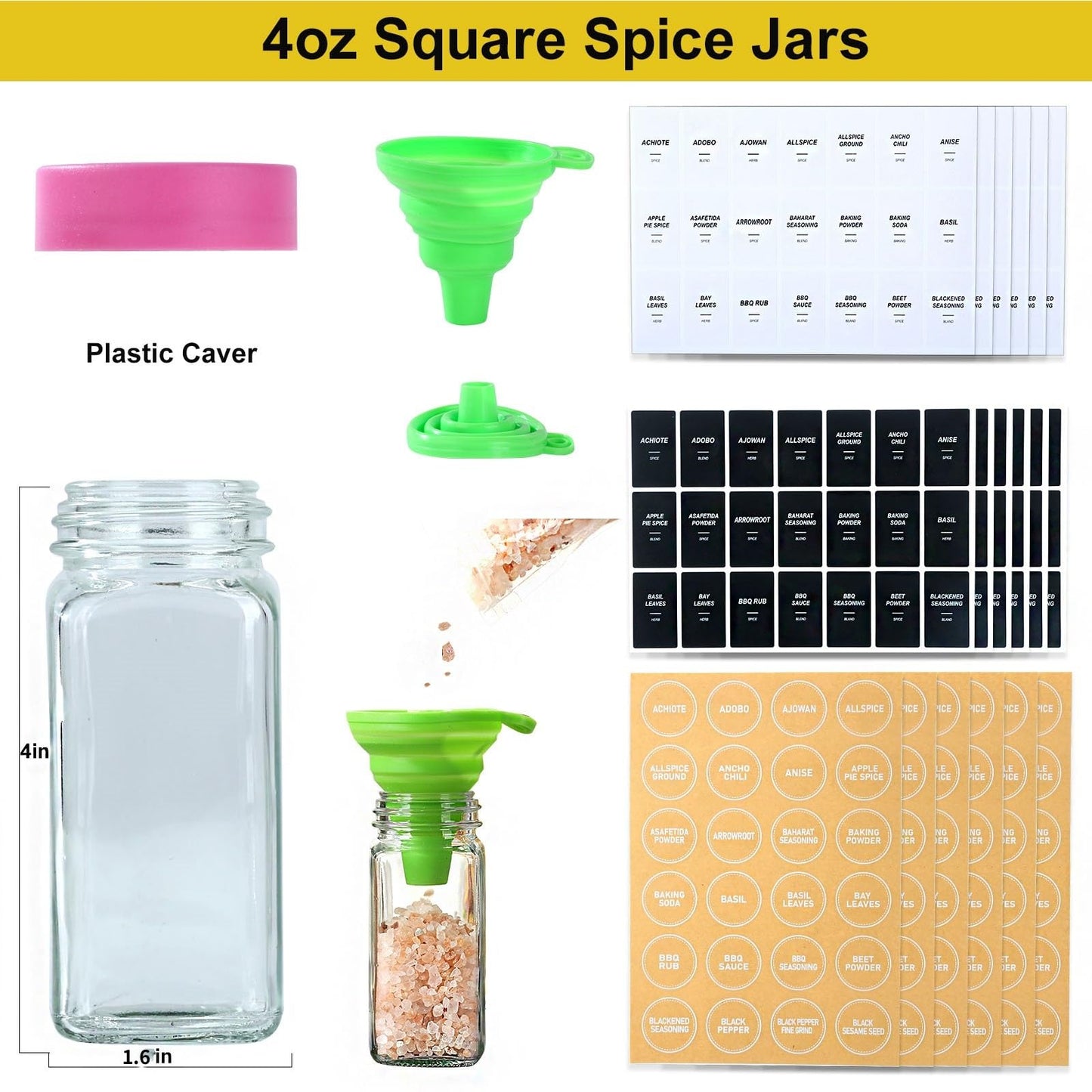 24 Glass Spice Jars with Label-4oz Spice Containers with Lids and Shaker Lids,3 Sets of Spice Labels 1 Collapsible Funnel 2 Erasable Markers (24)