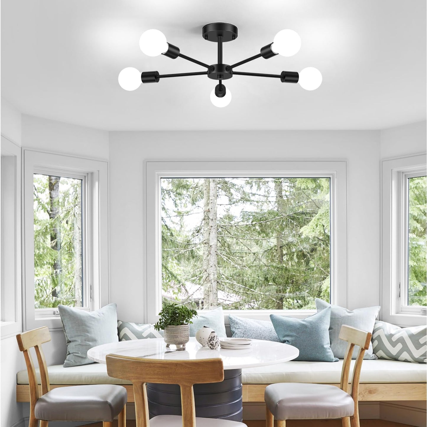 Lomoky 5-Lights Black Semi Flush Mount Ceiling Light, Hallway Light Fixtures Ceiling with E26 Base, Modern Sputnik Light Fixtures for Kitchen Bedroom Living Room