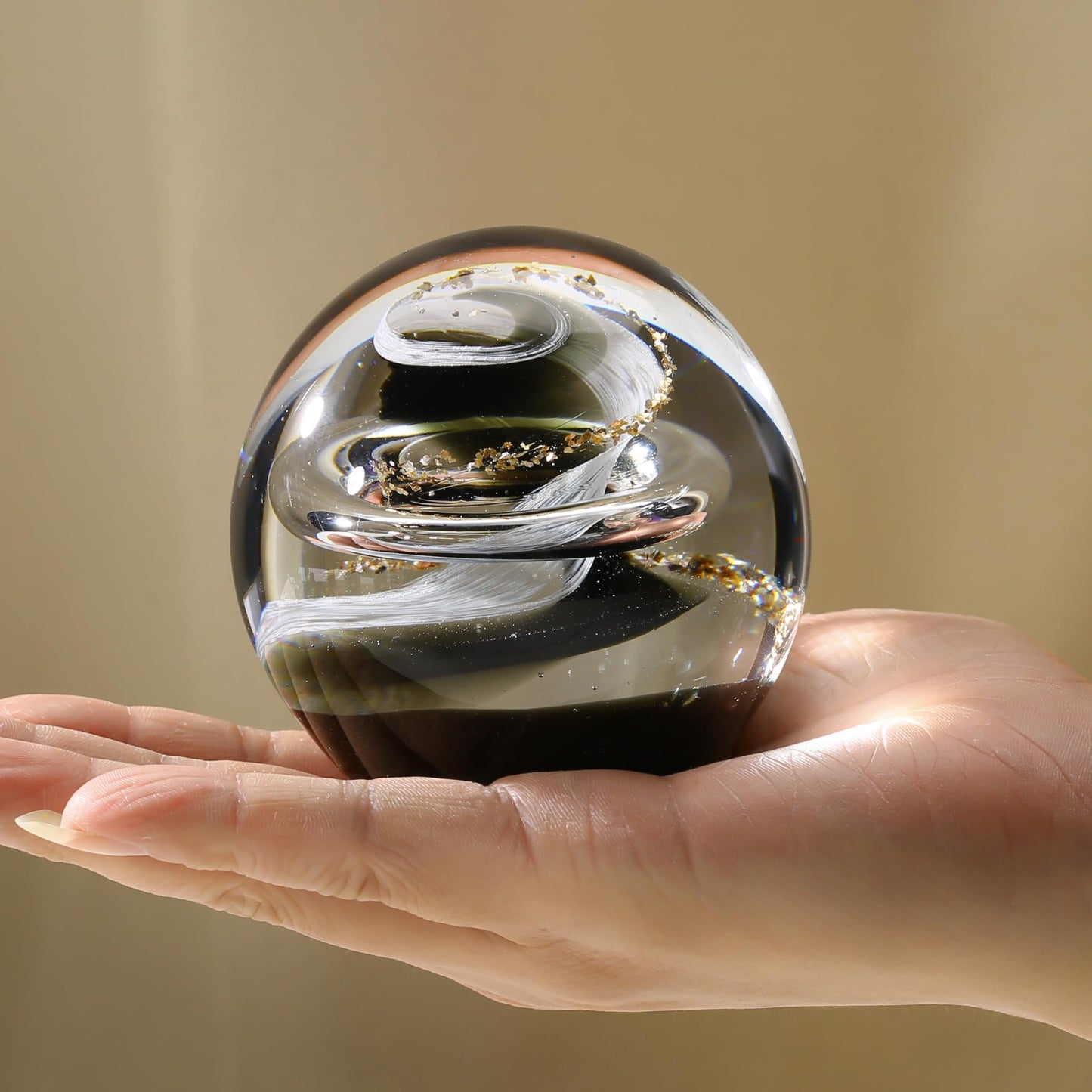 JFTOSALE 3.15in Abstract Galaxy Glass Ball Paperweight Blown Glass Art Modern Black and White Decorative Accent for Office, Shelf, and Table Top