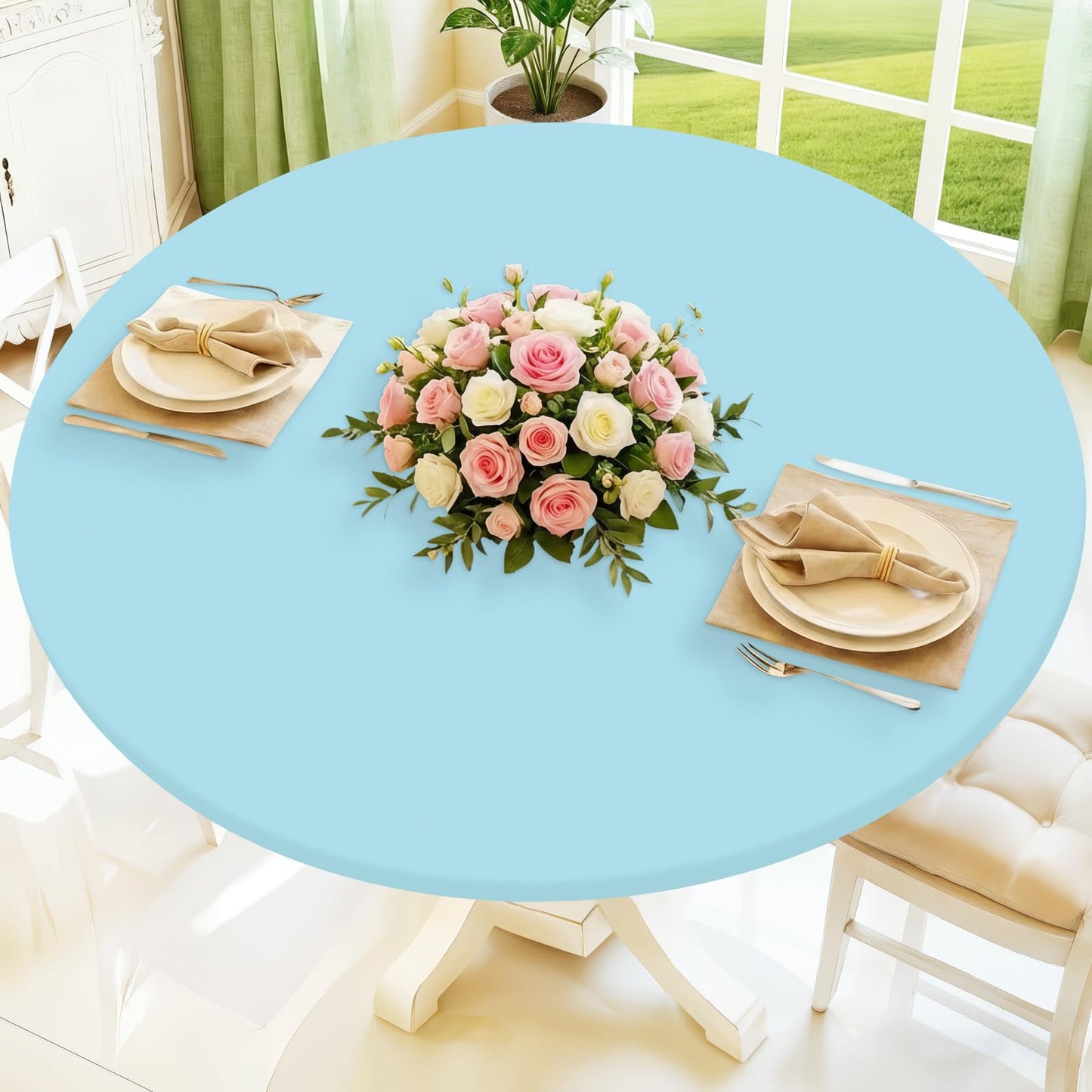 Moosfor Round Spandex Tablecloth, Elastic Fitted Waterproof Tablecloths for 36"-44" Tables, Stretch Washable Picnic Table Cover for Camping, Dining, Indoor and Outdoor, Baby Blue