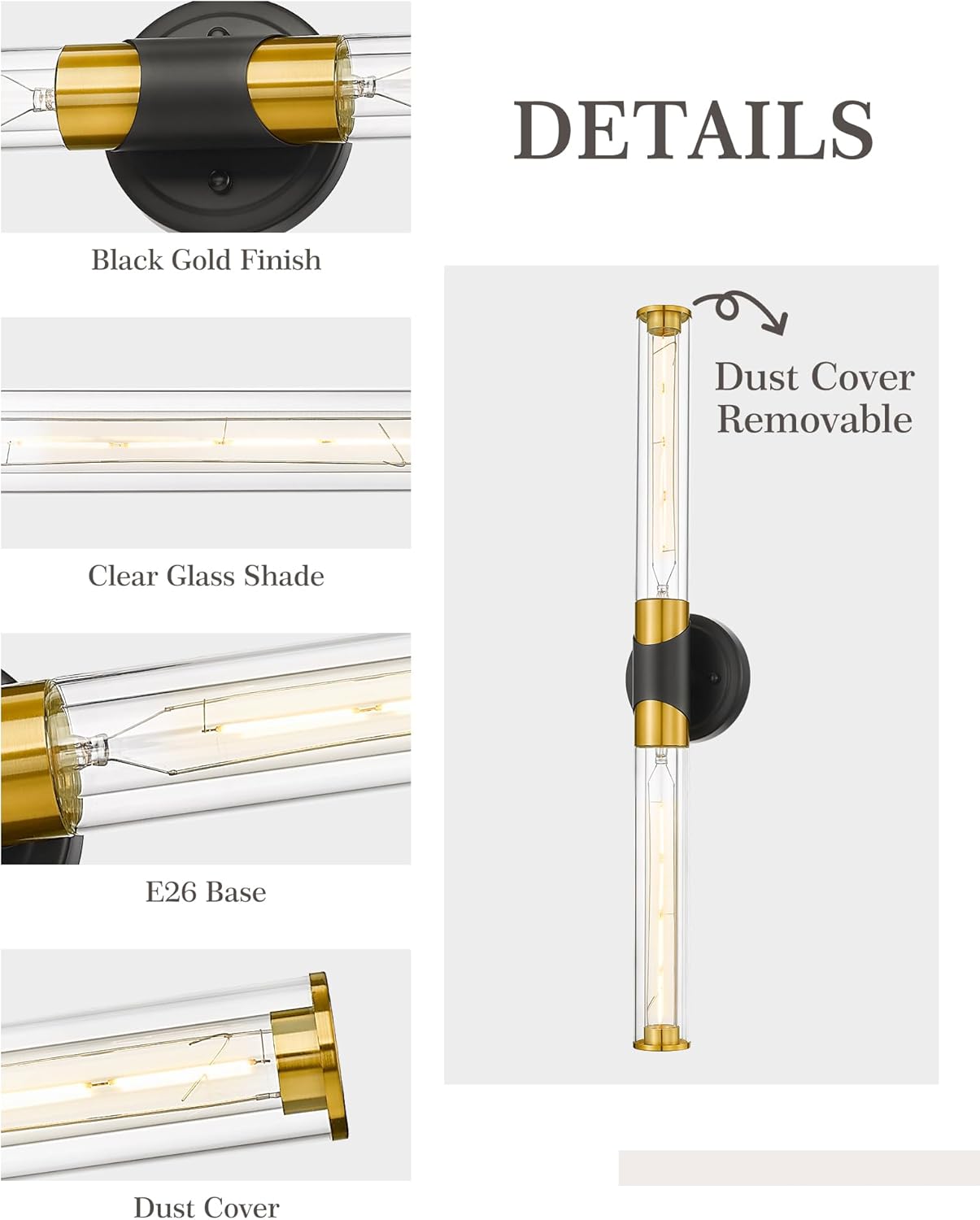 Industrial Sconces Wall Lighting, HWH 2-Light Bathroom Vanity Light Fixtures Black and Gold, 27'' Vanity Light Bar Cylinder Wall Lamp Over Mirror Bedroom Kitchen, 5HZG105B BK+BG