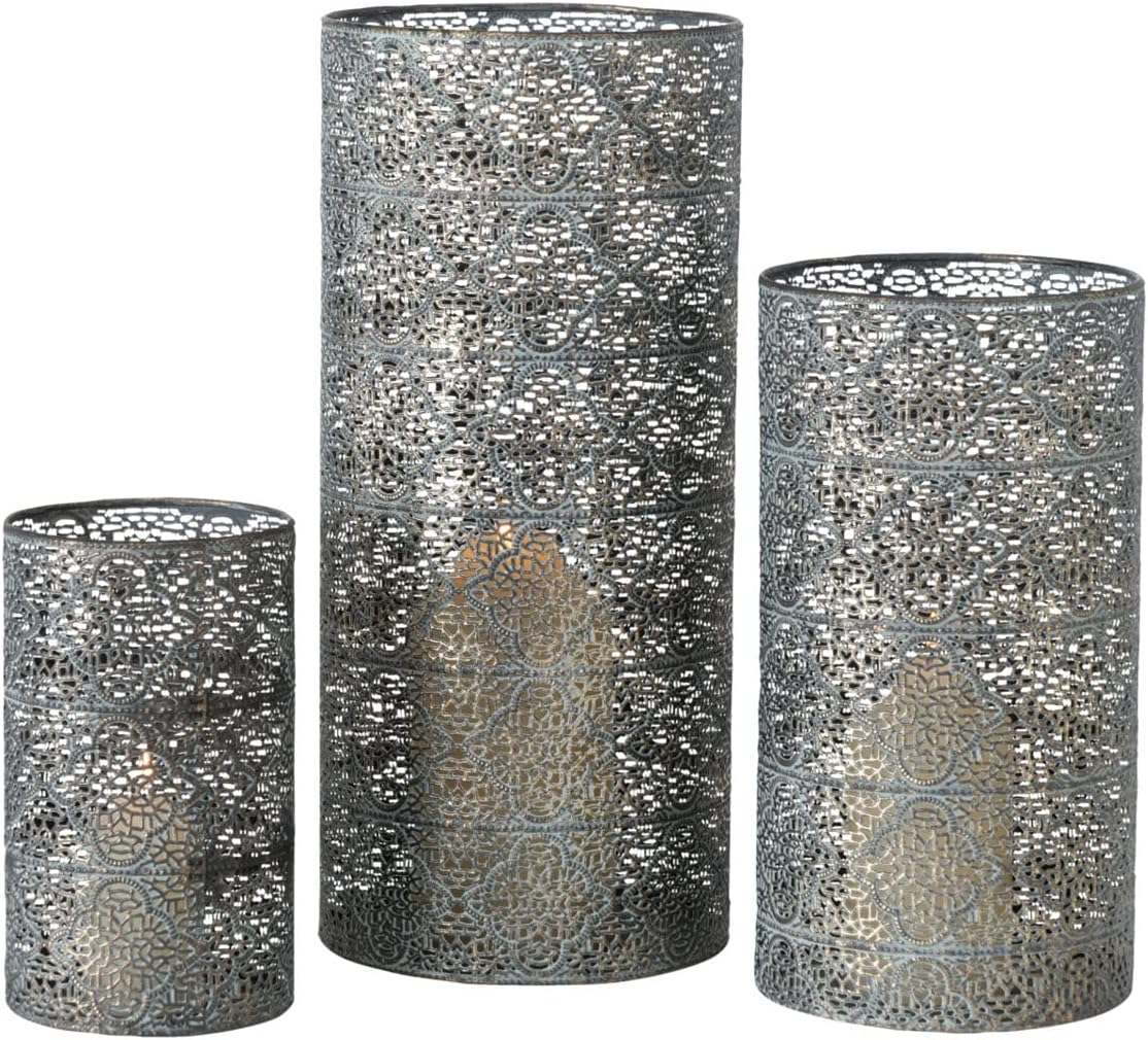 3 Piece Alhambra Hurricane Lantern Set, Lattice, Quatrefoil Pattern Metal Work, Distressed Dark Gold and Grey, Green Patina, 15.75 Inches Null