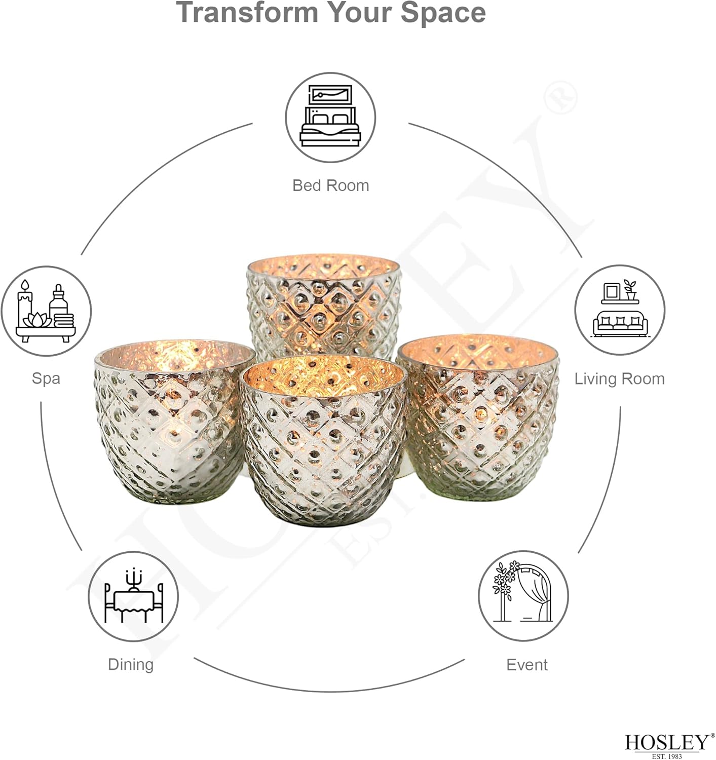 Antique Silver Glass Votive Tealight Candle Holders - Set of 6, 2.75" Diameter for Weddings & Events