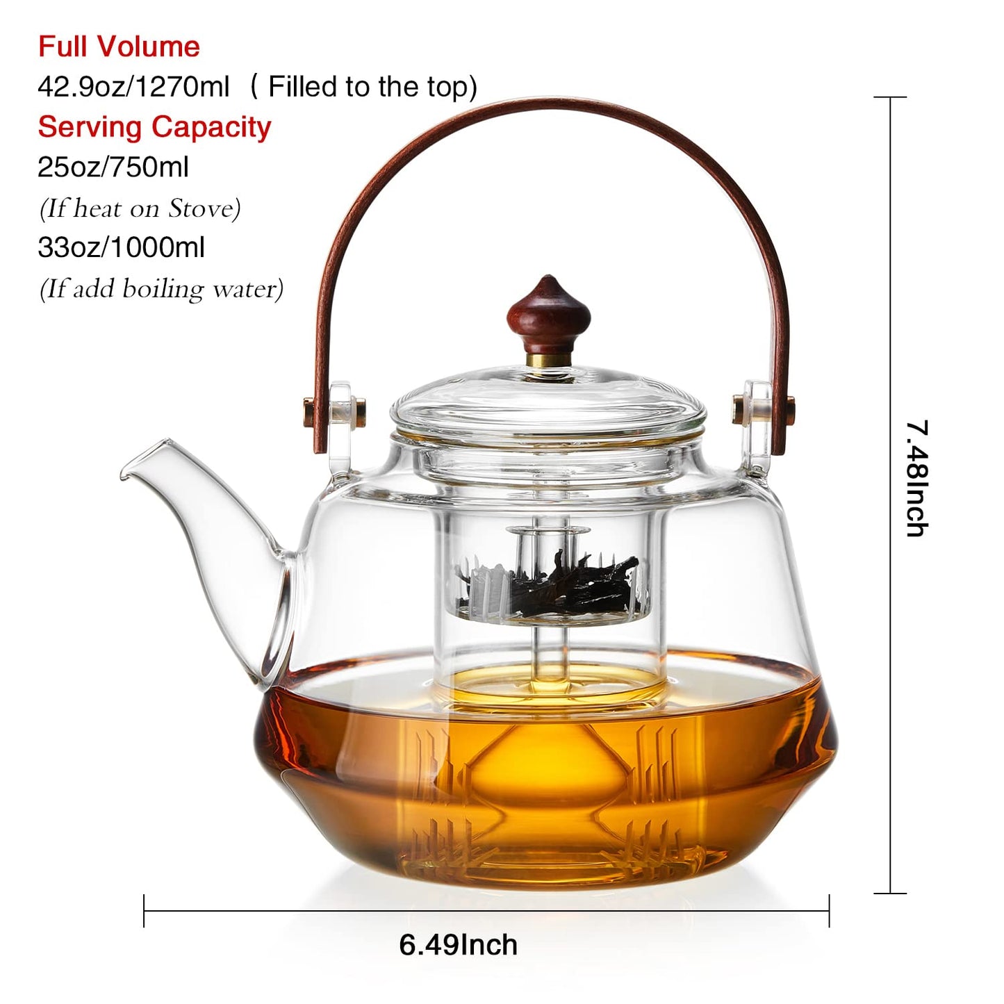 40oz Glass Teapot with Anti-Drip Spout, Peach Wood Handle and Lid, Heat-Resistant Borosilicate Glass, Dual Infusers for Steaming and Boiling
