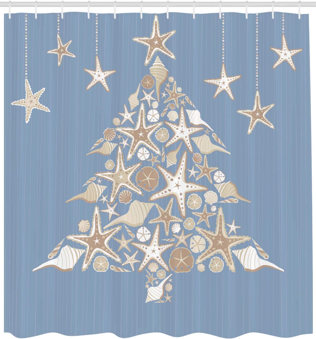 Christmas Nautical Shower Curtain - Sea Life & Noel Tree Design, 69x70", Beige