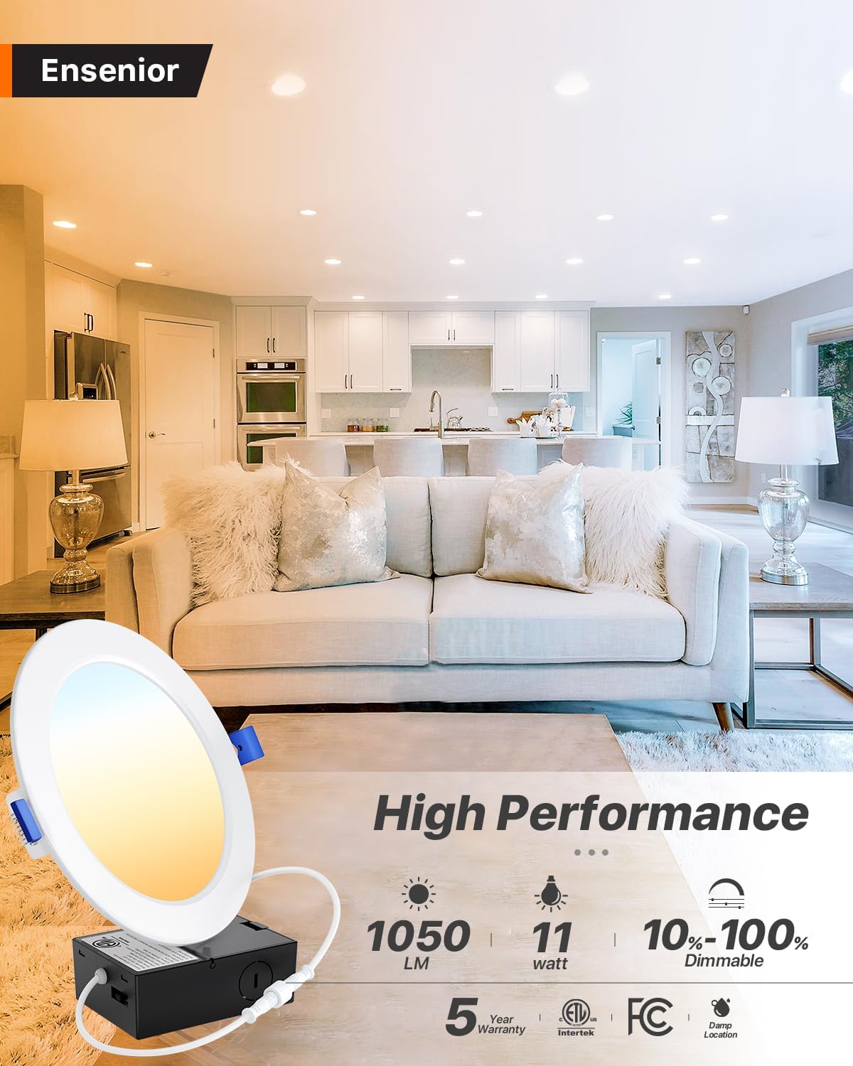 Ensenior 6 Pack 4 Inch Ultra-Thin LED Recessed Wafer Light with Junction Box, 2700K/3000K/3500K/4000K/5000K - 5CCT Selectable, 7.9W Eqv 65W, Dimmable Ceiling Downlight, 650LM High Brightness - FCC&ETL