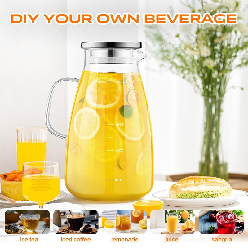 1 Gallon 128oz Glass Pitcher, Water Pitcher with Lid and Spout, Glass Carafe for Hot/Cold Drink, Water Jug for Iced Tea, Coffee, Juice, Milk, Beverage (Extra-Wide Mouth)