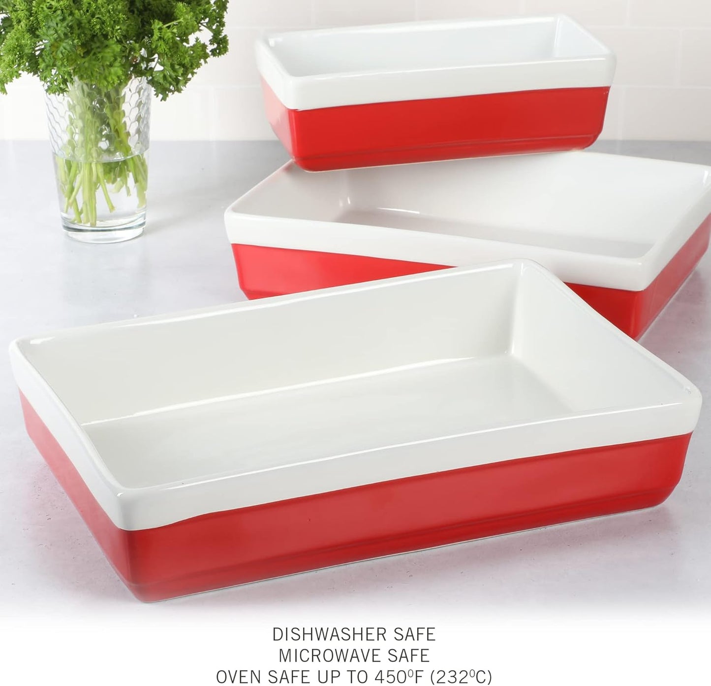 Martha Stewart 3-Piece Stoneware Bakeware Set - Durable Oven-Safe Baking Dishes in Red