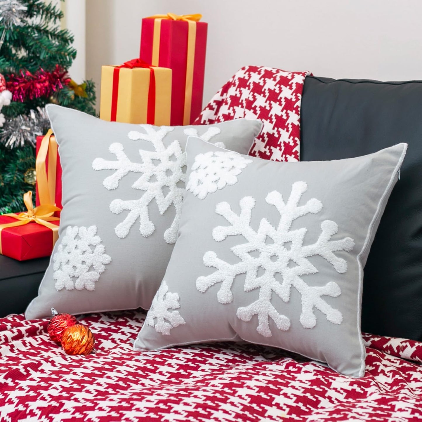 Christmas Snowflake Embroidered Throw Pillow Covers - 18x18 Cotton Linen, Set of 2