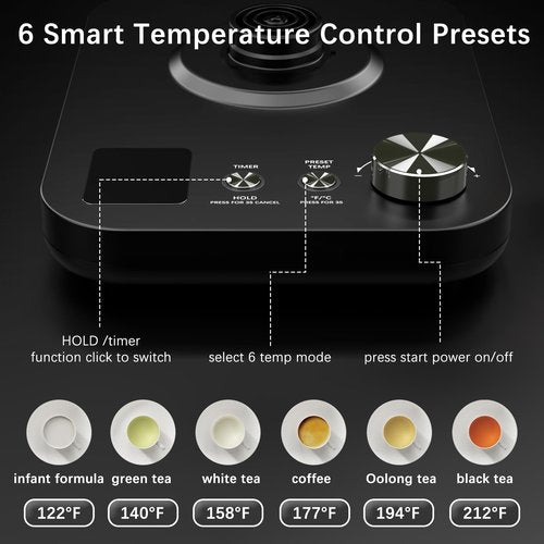 Gooseneck Electric Kettle, Electric tea Kettles, ±1℉ Temperature Control for Pour-Over Coffee & Tea Brewing, Stainless Steel Inner, Quick Heating, Boil Hot Water, 1200W/0.8L (Black Wooden)