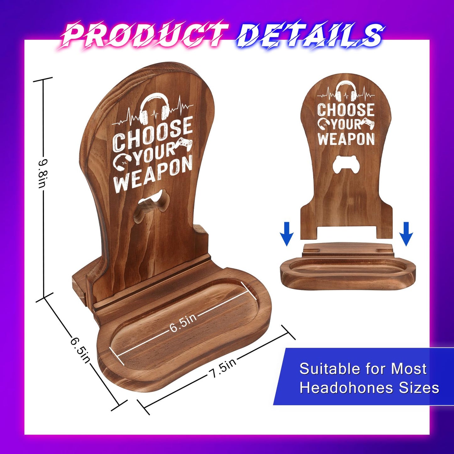 Gamer Gifts for Teenage Boys, Gaming Christmas Birthday Gifts for Men Son Boyfriend Husband Game Lover, Gamer Room Decor for Man, Wood Headset Stand for Gaming Desk Decor -Choose Your Weapon