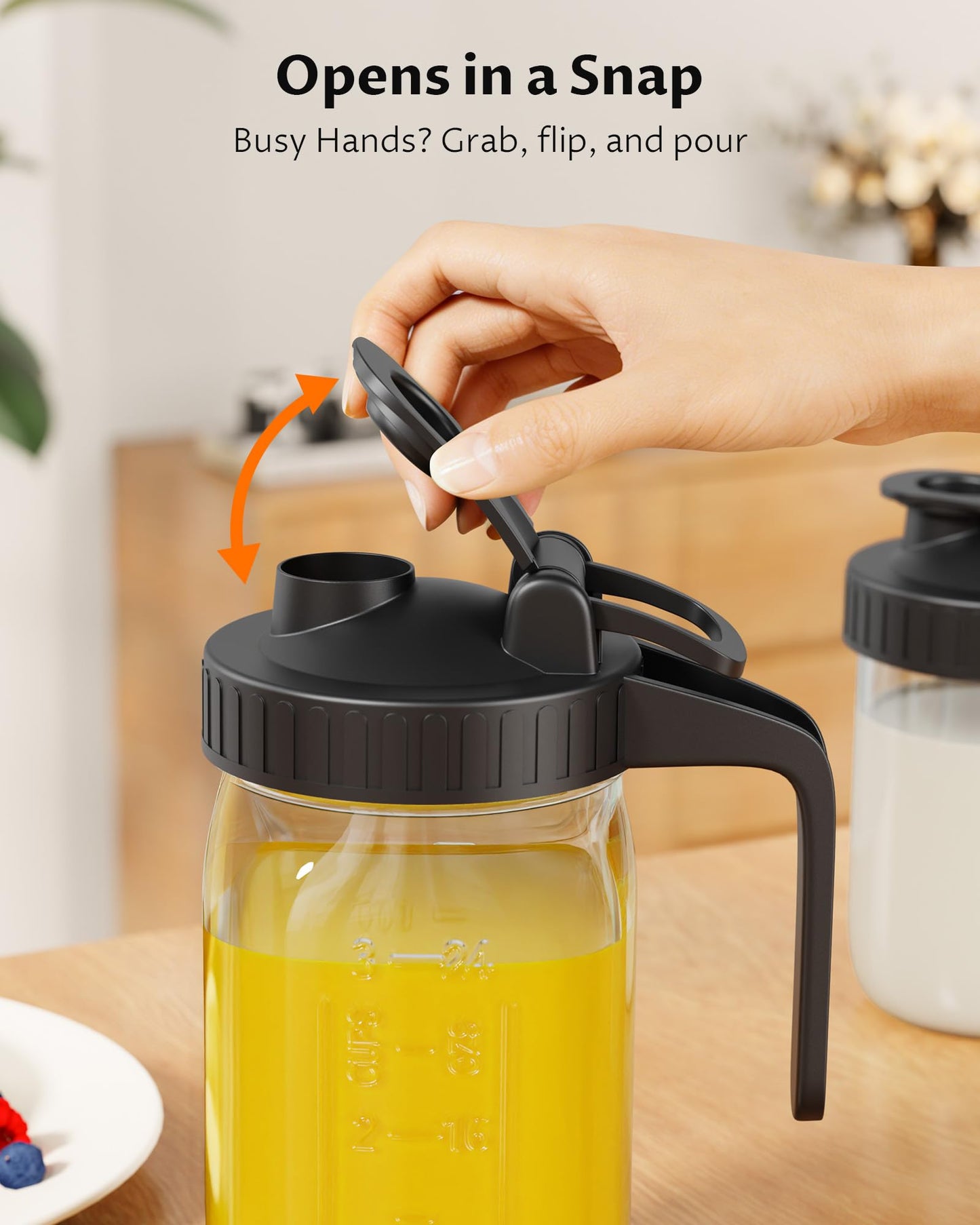 2-Pack Wide Mouth Mason Jar Pour Spout Lids with Handle, Leak-Proof Flip Cap, Airtight Lids for 86mm Mason Jars Pitcher, Perfect for Beverages, Syrups, and Food Storage