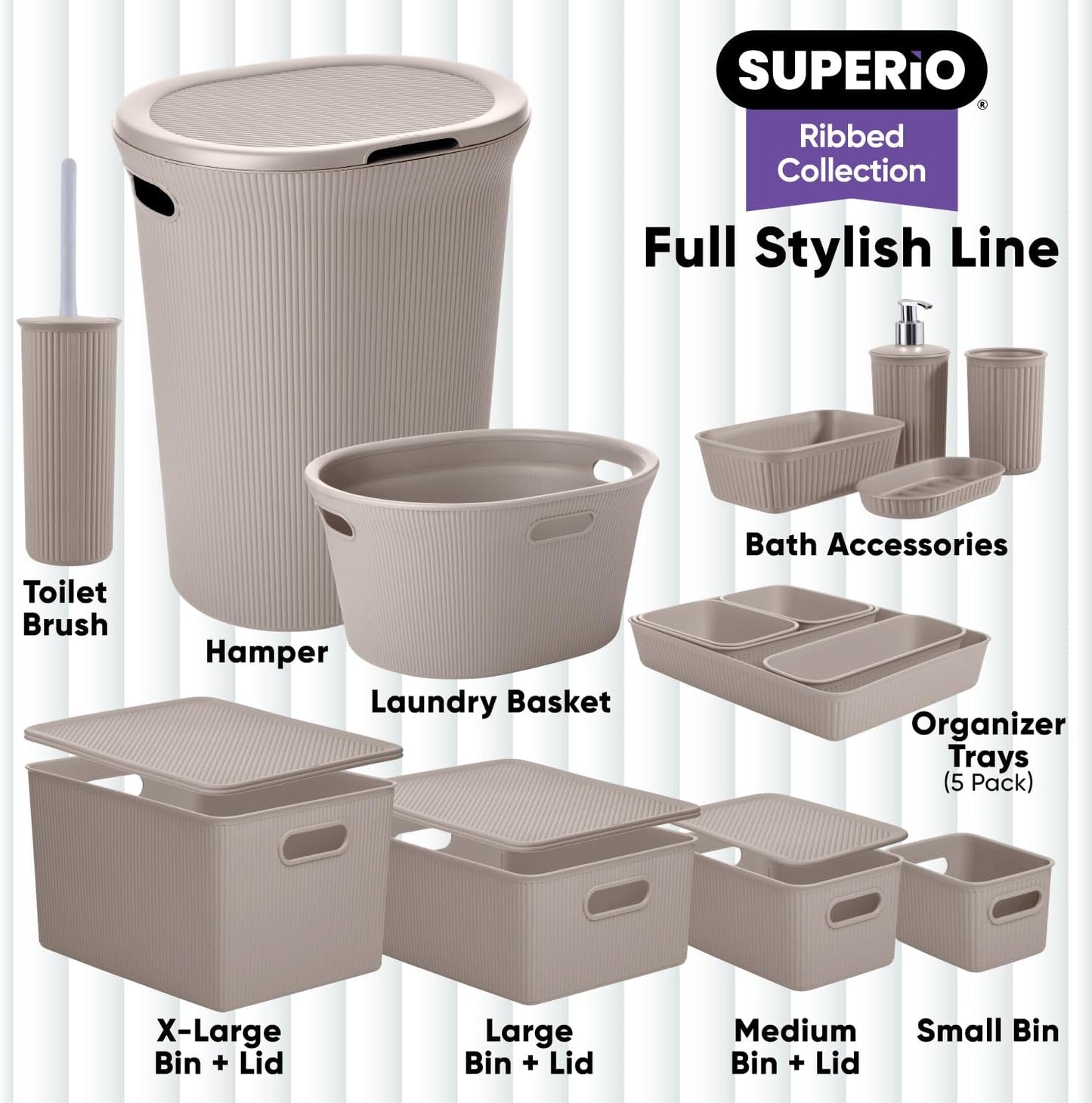 Superio Ribbed Collection - Small Taupe Decorative Plastic Storage Basket | 1.5 Liter Organizer for Home