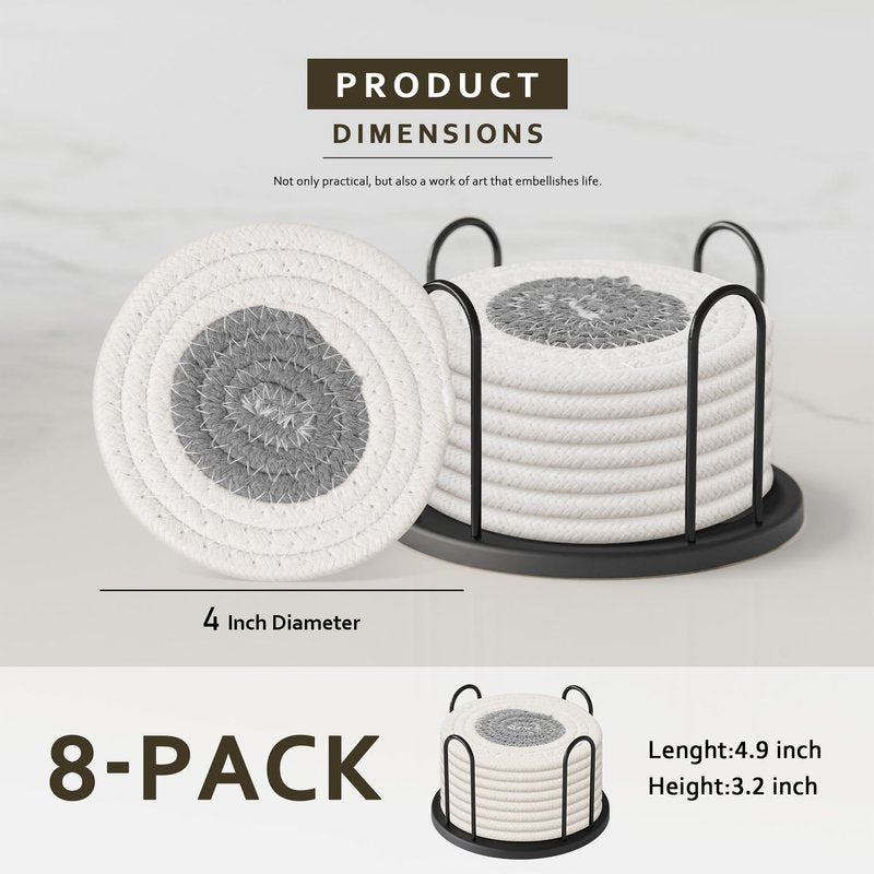 Lazebox Coasters Set of 8 for Drinks, Beer, Coffee, Cotton Woven Absorbent Coaster with Holder, Boho Coasters for Home Decor Tabletop Protection Suitable for Kinds of Cups, White & Grey