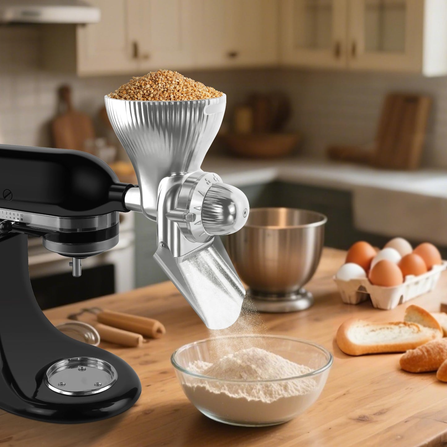 Grain Mill Attachment for KitchenAid Stand Mixer, All Metal 12 Levels Grain Grinder for Kitchen aid, Grain Mill for Flour, Wheat, Corn, Oats, Buckwheat, Millet, Low-Oil