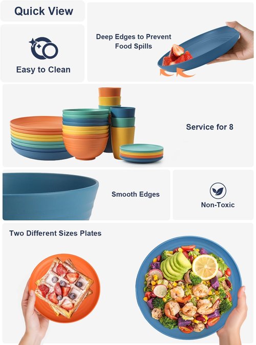 Homienly Dinnerware Set 32-Piece Wheat Straw Dinnerware Sets Unbreakable Reusable Dinnerware Set Kitchen Cups Plates and Bowls Sets, Microwave and Dishwasher Safe Dishes for Camping, Outdoor-Colorful
