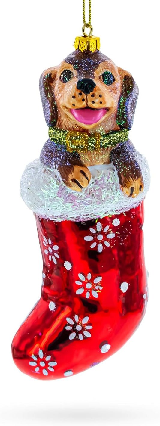 Christmas Ornament - Puppy in Stocking Glass Decoration for Holiday Cheer