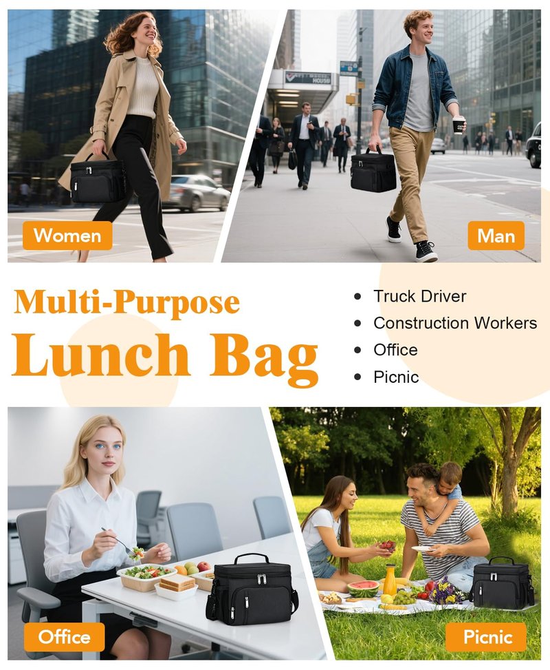 MIAOJIE Insulated Lunch Bag for Men & Women, 9L Leakproof Lunch Box Soft Cooler Tote with 5 Pockets, 600D Oxford, EVA Lining, Adjustable Strap for Work, Picnic, Beach&Travel-Black