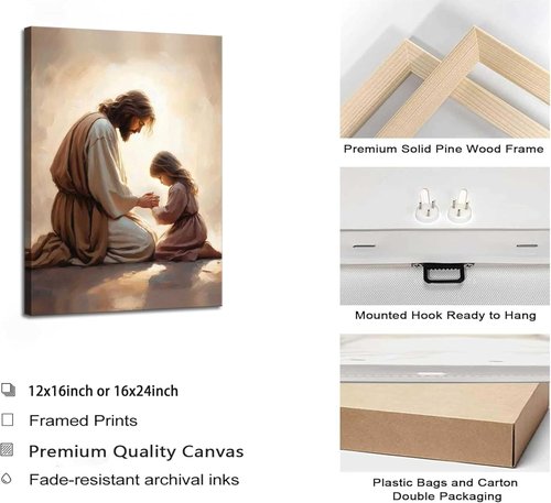 Jesus Praying with Girl Canvas Wall Art - Christian Spiritual Poster for Home Decor | Framed Bible Story Print