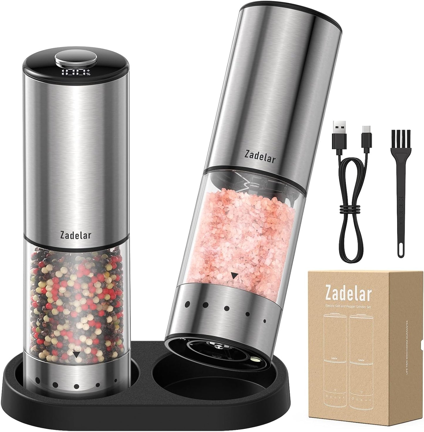 Skiennix Rechargeable Electric Salt and Pepper Grinder Set - Automatic, LED Display, Adjustable Coarseness, Large Capacity