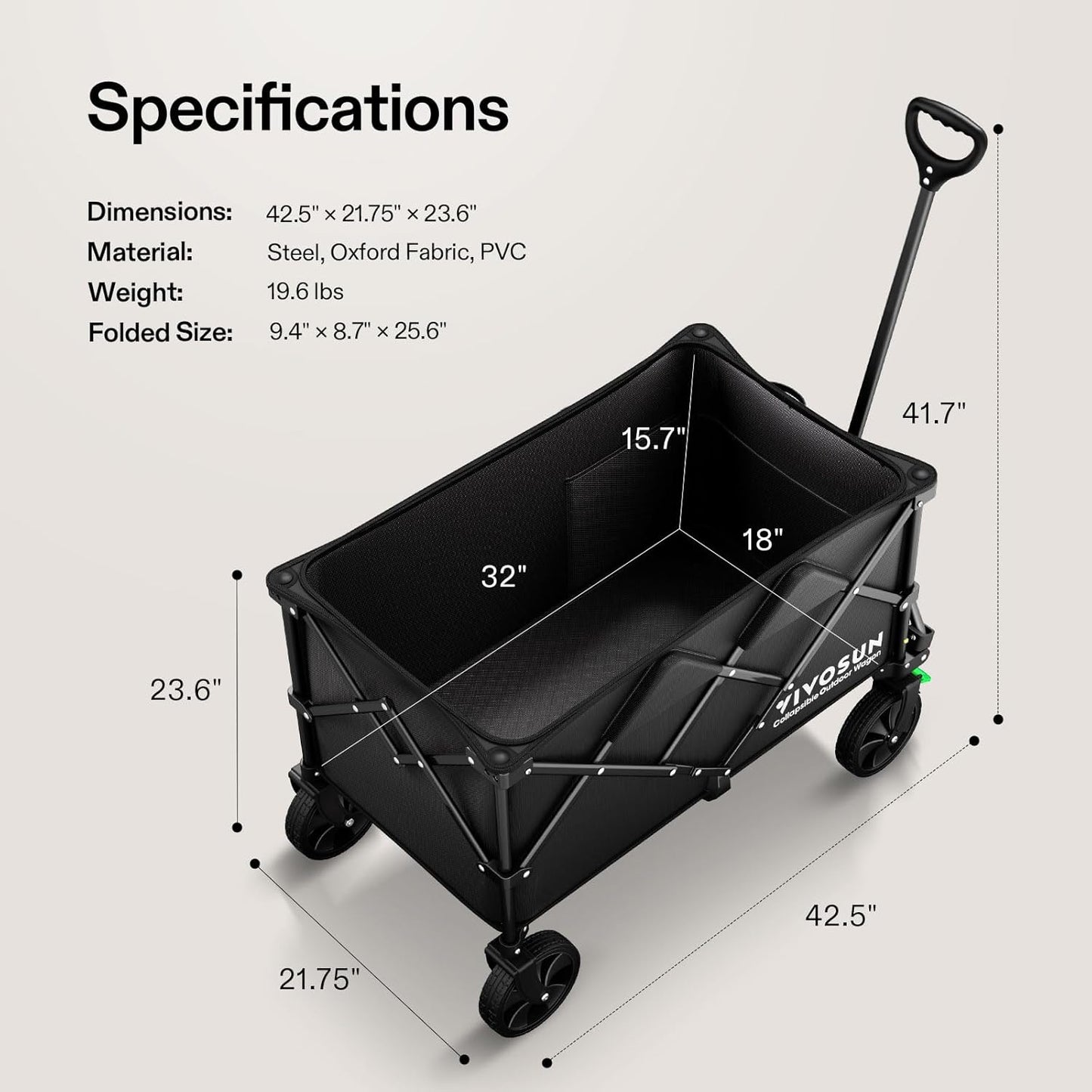 VIVOSUN Collapsible Folding Wagon - 350 lb Capacity Utility Cart with Silent Wheels & Cup Holders | Perfect for Camping, Garden, Sports & Shopping