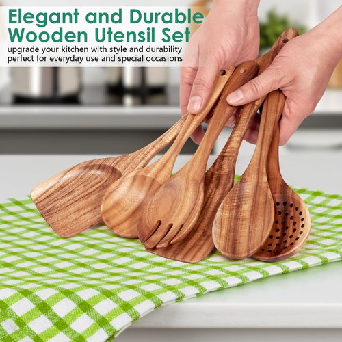 HOWHONG Wooden Spoons for Cooking, Teak Wood Kitchen Utensil Set, Premium Handmade Wooden Utensils for Nonstick Cookware, Heat Resistant, Smooth Finish, Comfortable Grip, 6 Piece