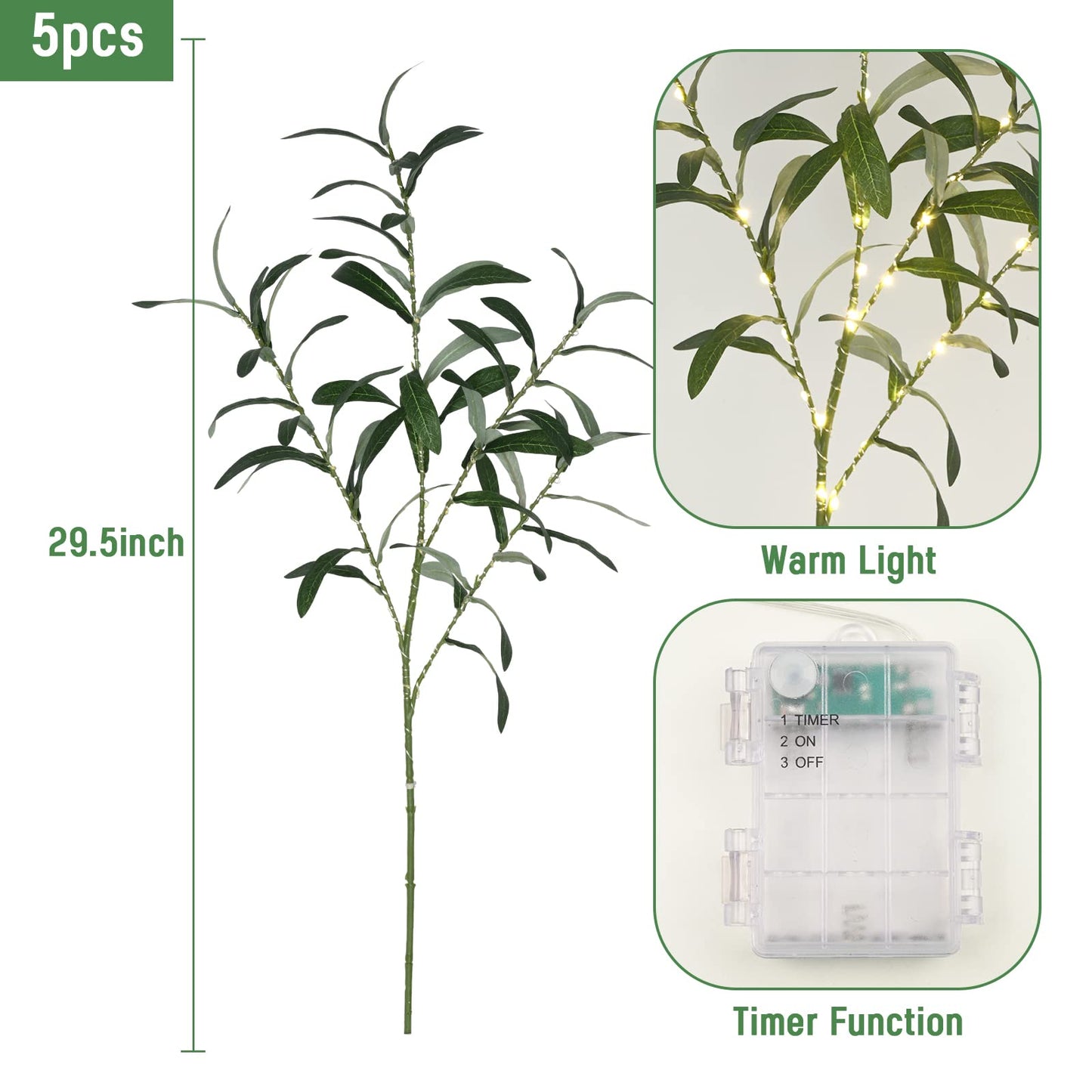 Waipfaru 5pcs 29'' Olive Branches for Vases with Battery Operated Lights, Lighted Olive Tree Branches with Timer, Artificial Greenery Stems Decor for Centerpieces Flower Arrangements Vases
