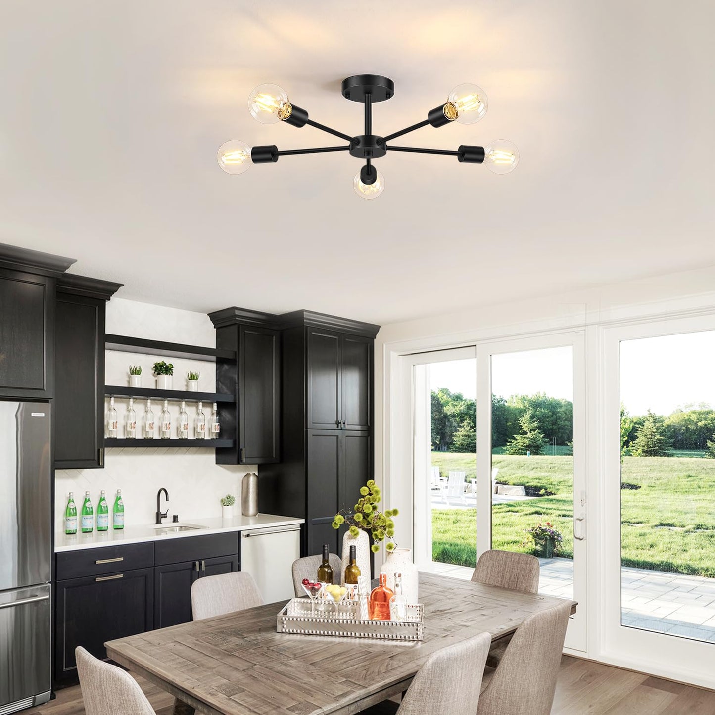 Lomoky 5-Lights Black Semi Flush Mount Ceiling Light, Hallway Light Fixtures Ceiling with E26 Base, Modern Sputnik Light Fixtures for Kitchen Bedroom Living Room