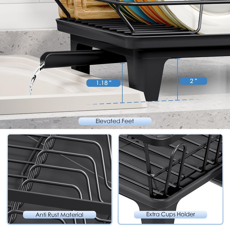 Urackify Dish Drying Rack for Kitchen Counter, Sink Dish Rack with Drainboard 12.2" W x 16.5" L, Large Dish Drainer with Cutlery Holder, Home Countertop Plate Dryer Storage Rack, Black