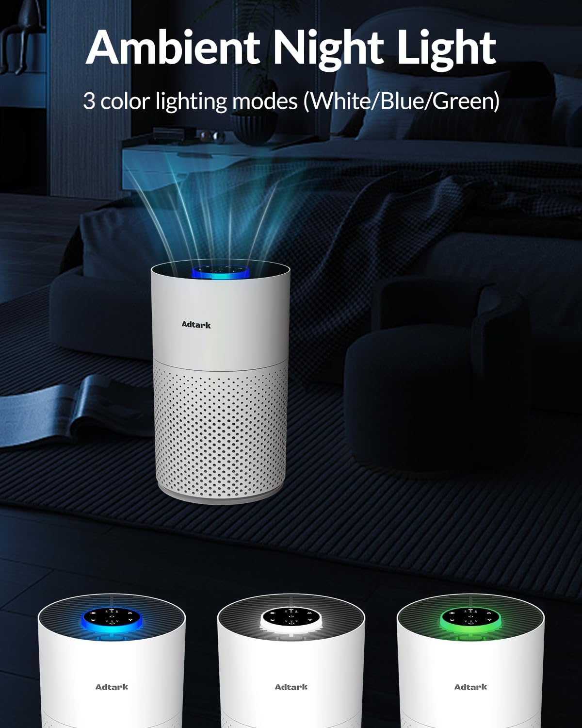 ADTARK Air Purifier - 3-in-1 Filter with Sleep Mode & Aroma Function | White Room Air Cleaner for Home & Office