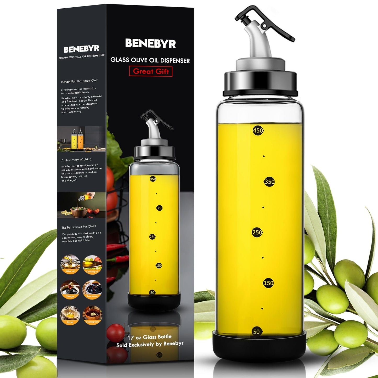 BENEBYR Glass Olive Oil Dispenser Bottle with Leakproof Pourer Spout and Shatterproof Rubber Bottom, Cooking Oil Dispenser Bottle for Kitchen 17 oz Heat Resistant Olive Oil Bottle for Oil & Vinegar
