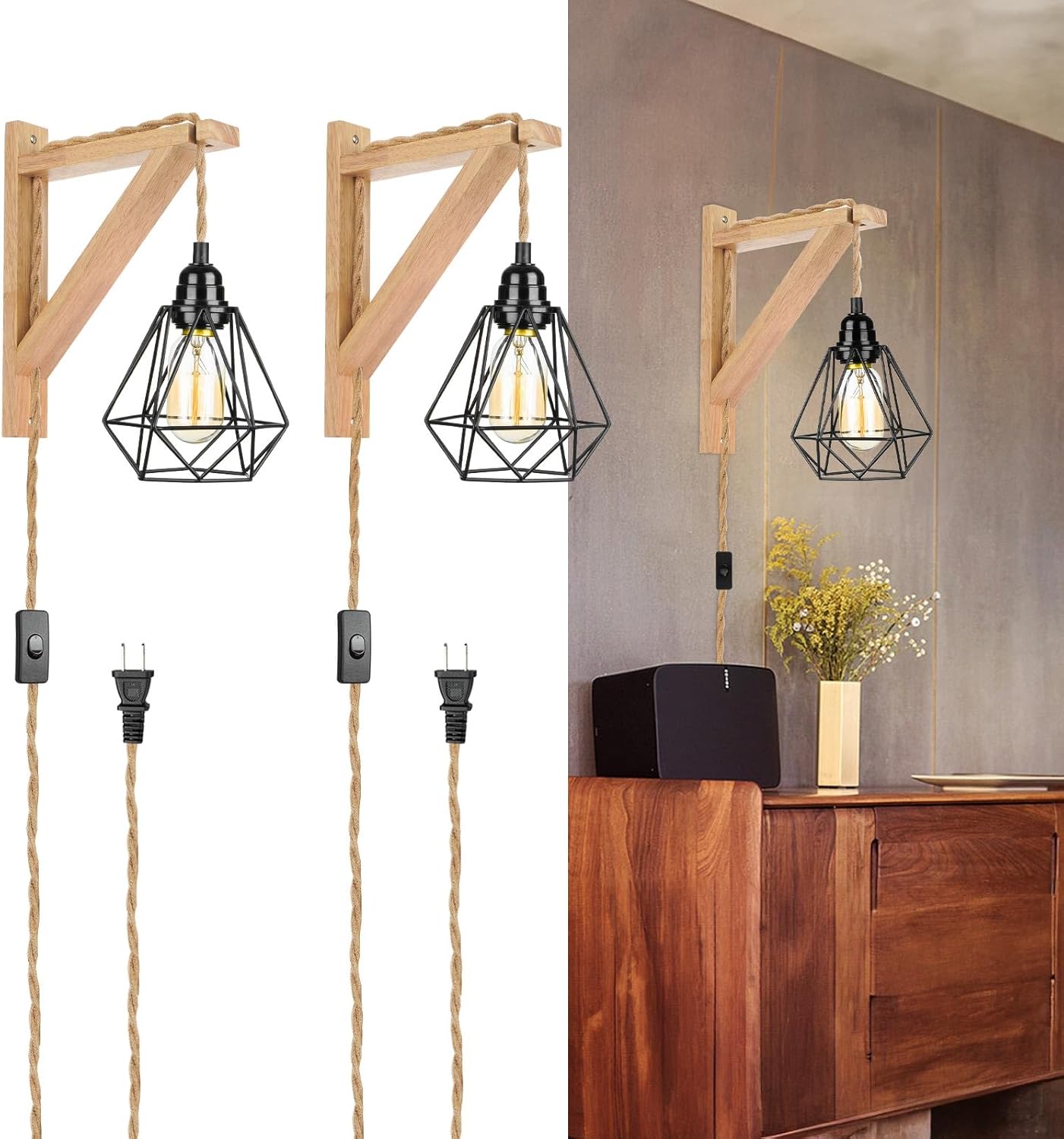 Frideko Wood Wall Sconces Set of Two Plug in, Rustic Wall Lamp with Plug in Cord, Farmhouse Wall Light Fixtures with 8.21FT On/Off Switch Cord, Indoor Sconces Wall Lighting for Bedroom Living Room
