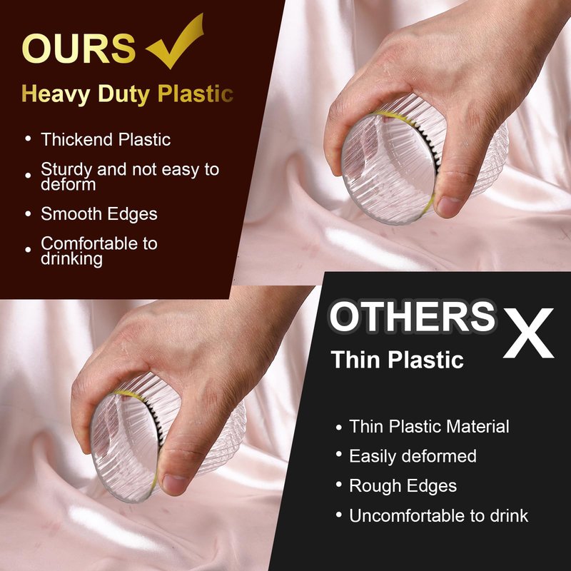 Lueumxc 40 Pack Plastic Ribbed Wine Glasses, 14Oz Origami Disposable Wine Glasses Unbreakable Clear Plastic Cocktail Glasses Recyclable Shatterproof Reusable Wine Cups (14oz-Gold Rim 40pack)