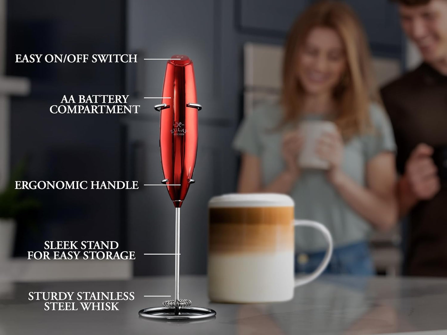 Zulay Kitchen Luxury Milk Frother - Handheld Electric Foam Maker for Coffee & Lattes | Cardinal Red Finish