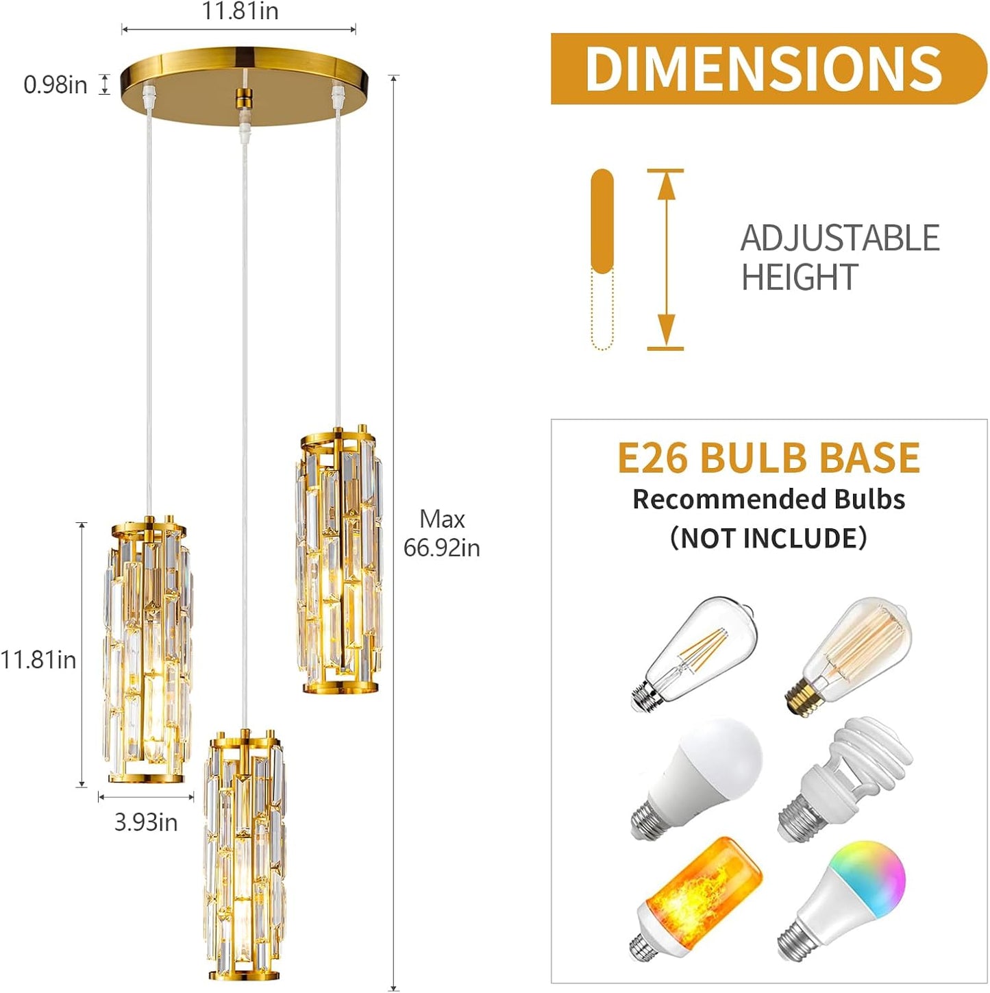 Pendant Lights Modern Pendant Lights Kitchen Island Gold Pendant Light Fixture Mini Crystal Chandelier Lighting for Kitchen Island Dinning Room Bedroom Sink (Gold 3-Light)