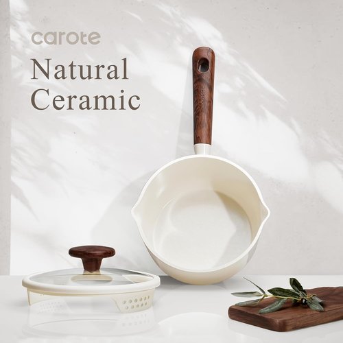 CAROTE Sauce Pan Set - 2QT & 3QT Nonstick Ceramic Pots with Lid & Ladle | Easy to Clean, Induction Compatible, White