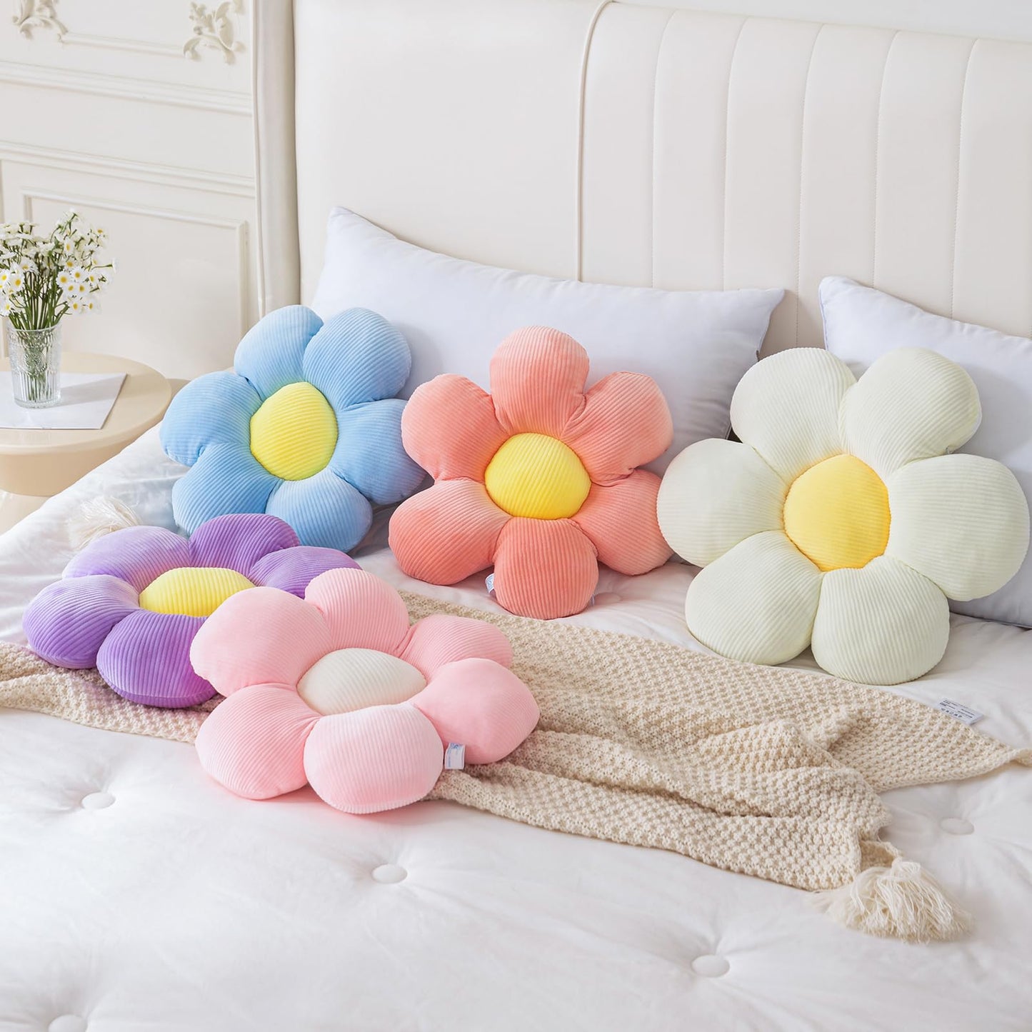 CANGHI Flower Pillow Set 3 Pcs Flower Shaped Throw Pillow 15.7'' Cute Daisy Flower Pillow Flower Seating Cushions for Adults Kids Home Bedroom Sofa Chair Couch Decor (White/Pink/Blue, 15.74 in)