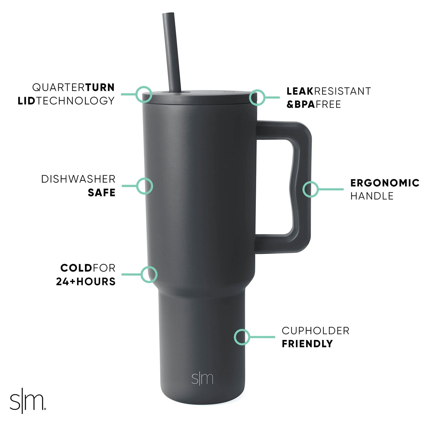 Simple Modern 40 oz Trek Tumbler with Handle and Straw Lid | Cup Holder Friendly Insulated Stainless Steel Travel Mug | Graphite