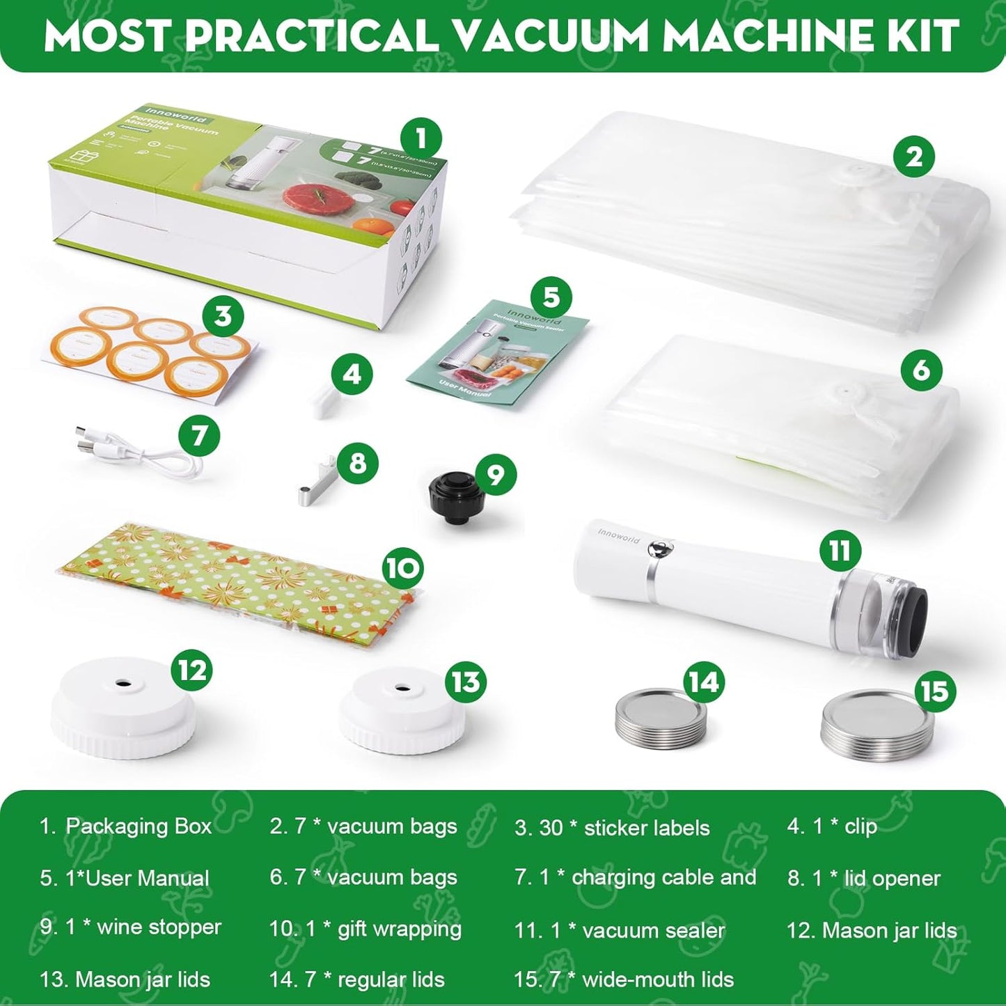 Skiennix 3-in-1 Vacuum Sealer - Compact Handheld Food Saver with 14 Reusable Bags | Versatile for Jars & Bottles