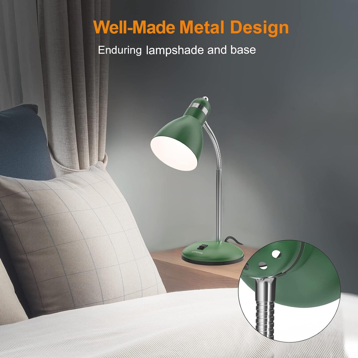 LEPOWER Metal Desk Lamp, Adjustable Goose Neck Table Lamp, Eye-Caring Study Desk Lamps for Bedroom, Study Room and Office (Green)