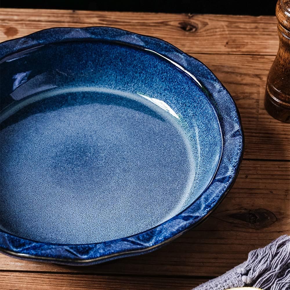 KOOV Ceramic Pie Plate - 9 Inch Round Baking Dish for Desserts | Reactive Glaze in Nebula Blue