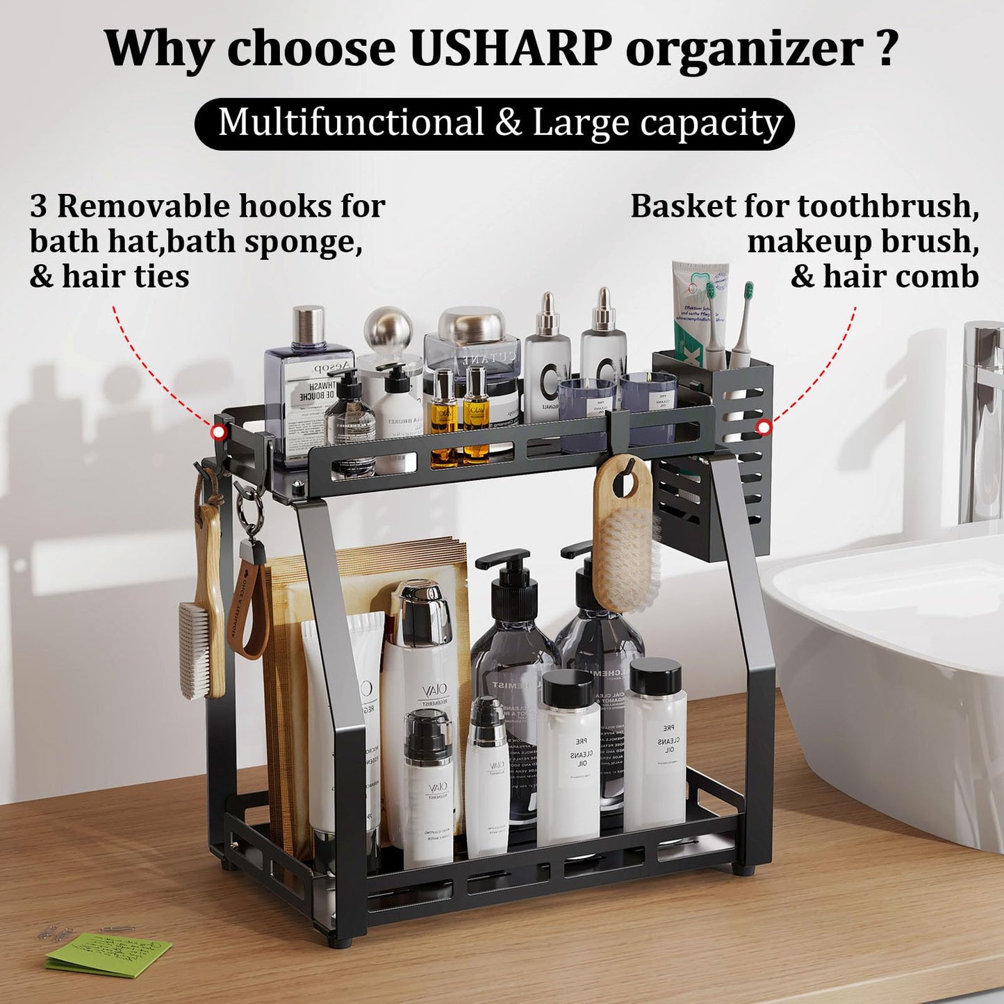 USHARP Bathroom Organizer Countertop, 2 Tier Bathroom Counter Organizer Rack for Toiletries, Bathroom Organizer Storage Caddy, Standing Vanity Shelf Tray, Sturdy Metal Black, Medium 12.1''L x 7.6''W